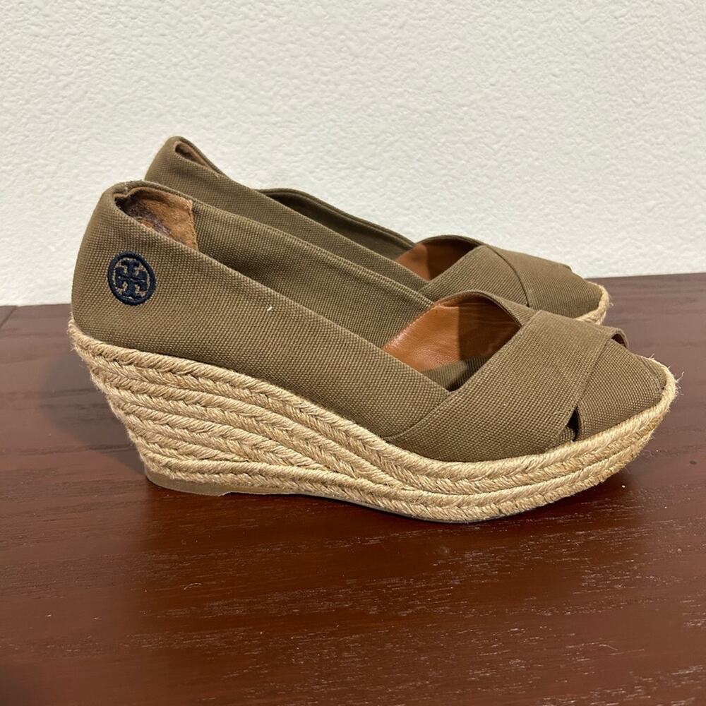Tory Burch Olive Green Canvas Espadrille Wedge Sandals